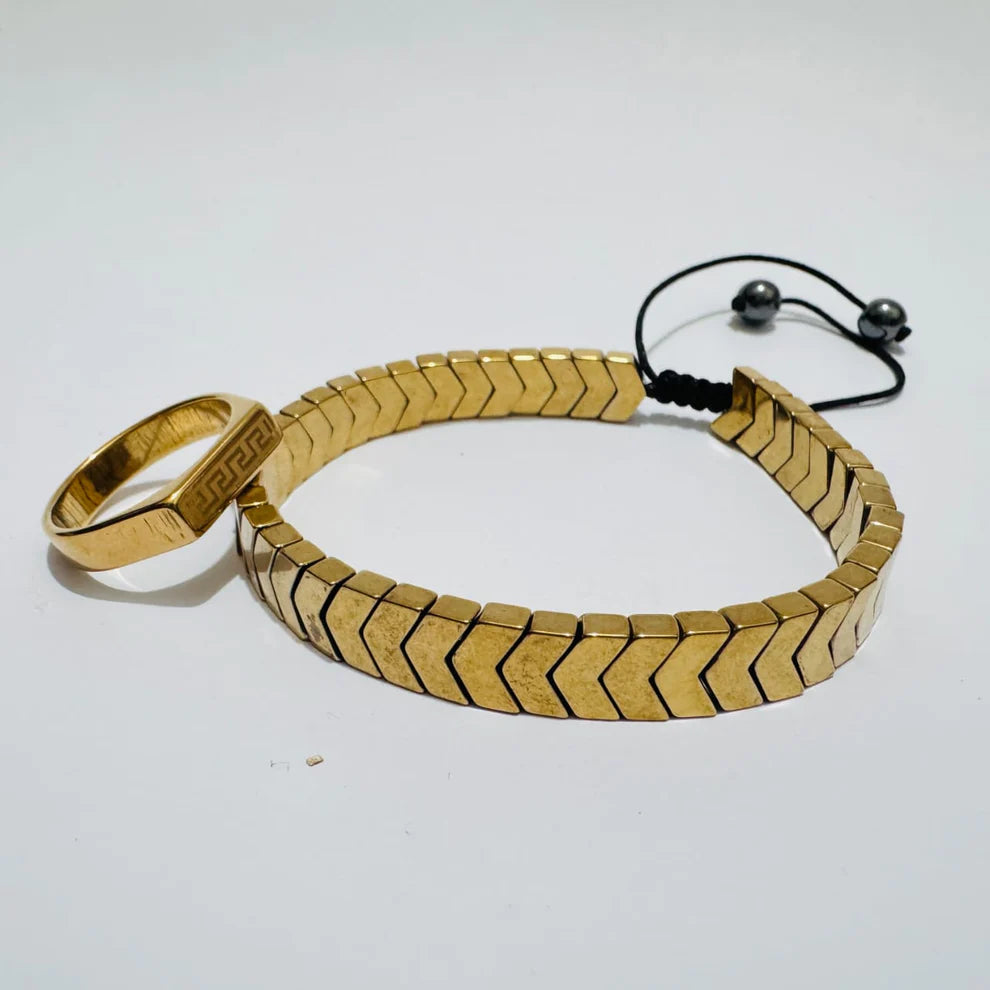 Regal Chevron Men's Jewelry Set | Gold Bracelet & Ring